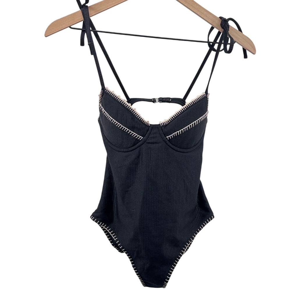 Capittana Alma Revolve One Piece Swimsuit‎ Small Black Ribbed Underwire Luxury